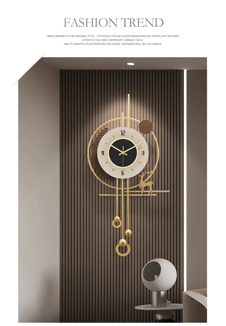 Modern minimalist TV background deer wall clock ,wooden grille decoration with lights hanging clock