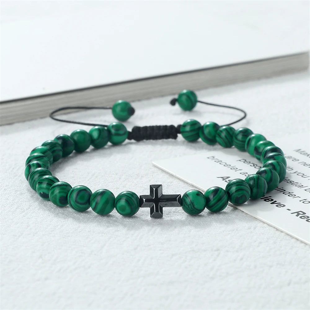 Prayer Men Handmade Woven Bracelet 6mm Natural Tiger Eye Stone Bangle with Hematite Cross Yoga Rosary Jewelry Homme Pulsera Gift