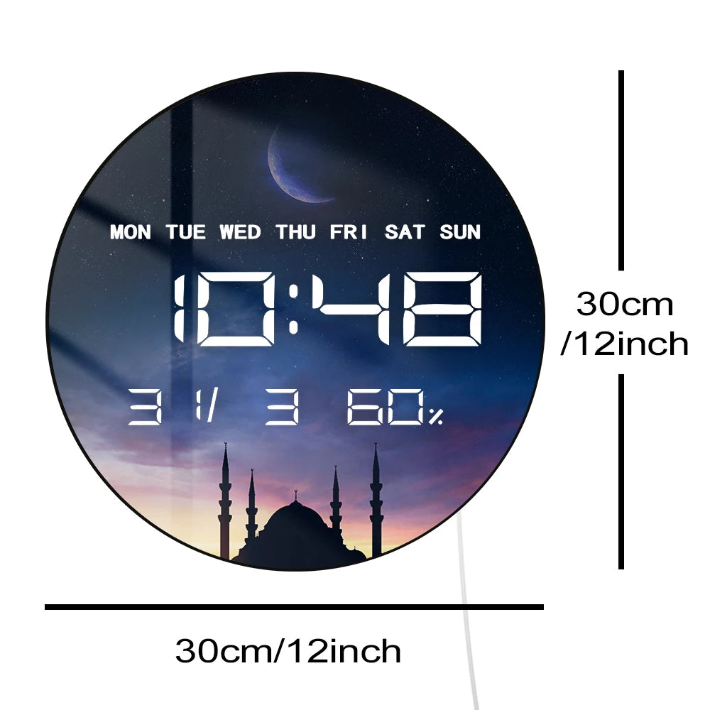 Islamic Eid Celebration Golden Crescent Moon LED Digital Wall Clock with Temperature Humidity Date Calendar Electric Wall Clock