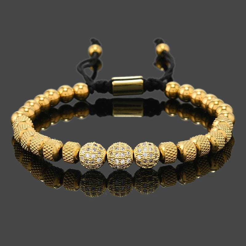 Luxury Royal Golden CZ Ball Man Bracelet Stainless Steel Beads Hand Jewelry Boy Gift