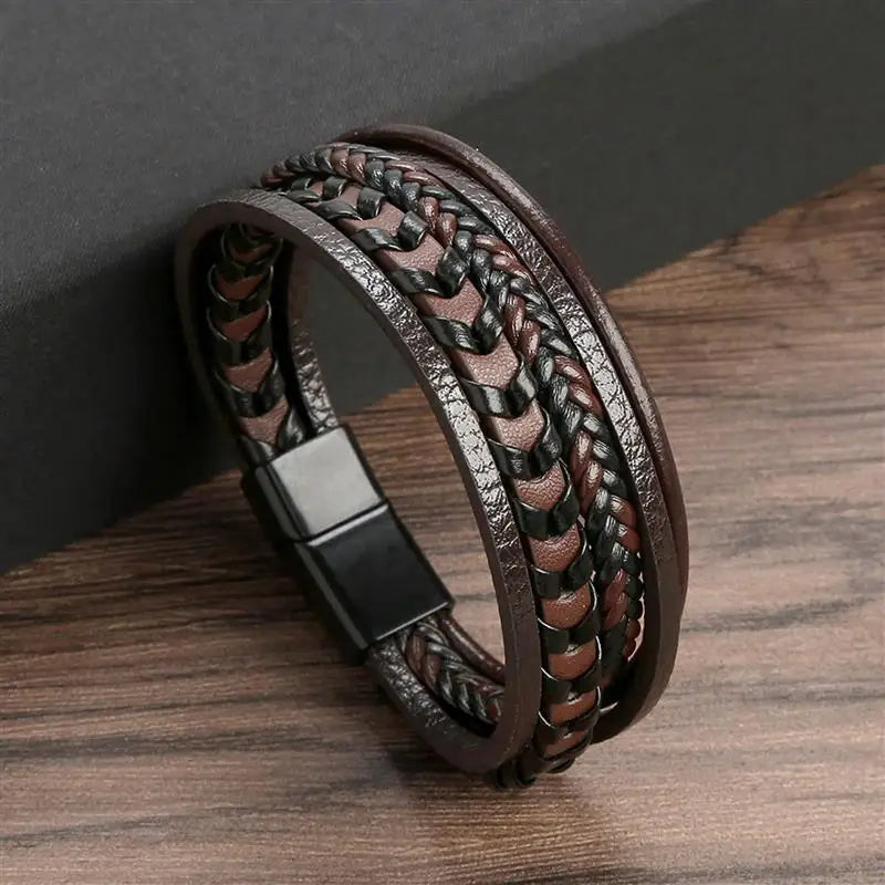 Jiayiqi Leather Bracelet Men Punk Hip Hop Metal Charm Tiger Eye Stone Beads Multi-Layer Bracelet For Men Fashion Jewelry Gift