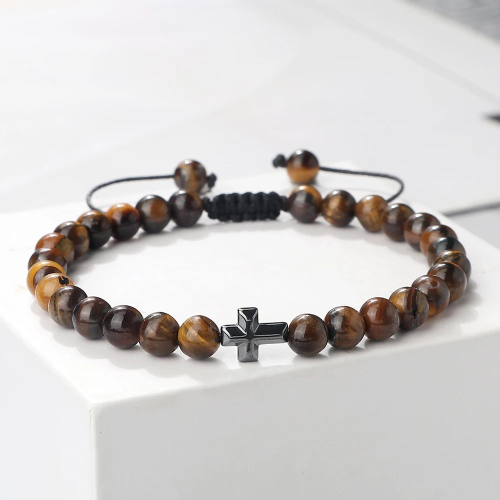 Prayer Men Handmade Woven Bracelet 6mm Natural Tiger Eye Stone Bangle with Hematite Cross Yoga Rosary Jewelry Homme Pulsera Gift