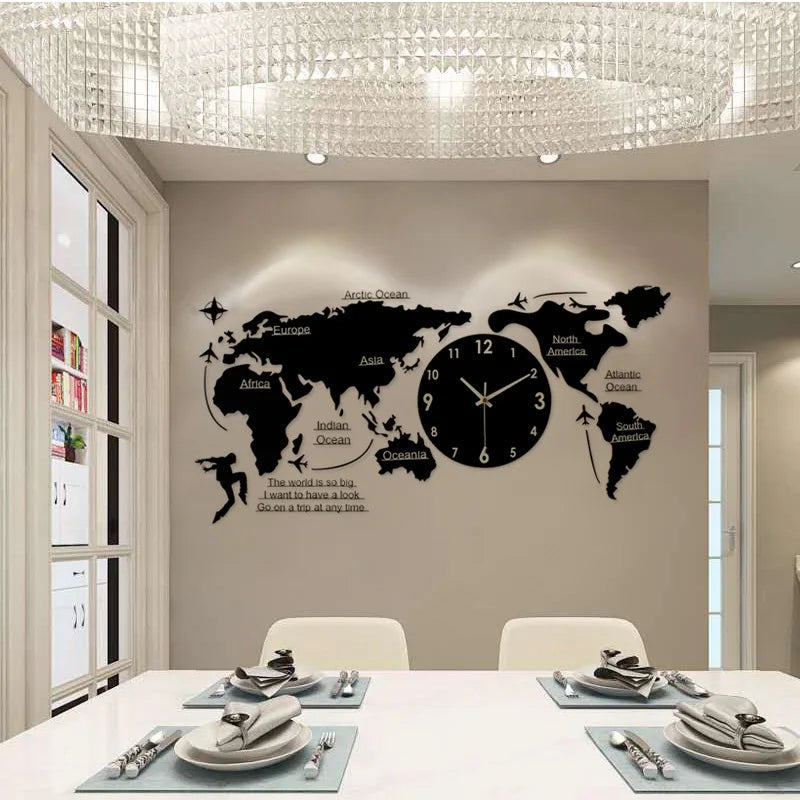 Large 3d Wall Clock Creative World Map Wall Clocks Living Room Luxury Decoration Clock Modern Design Bedroom Silent Clocks