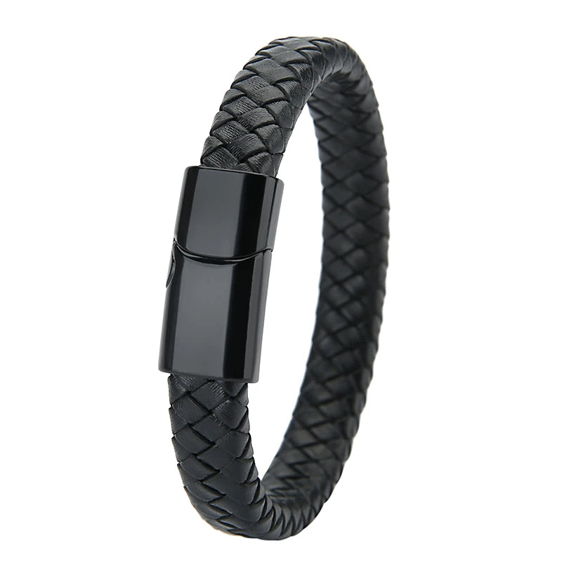 Mibrow Braided Black Leather Men Bracelet 10x5 12x6mm Size Fashion Metal Magnetic Clasp Wrap Bracelets Punk Charm Men Jewelry