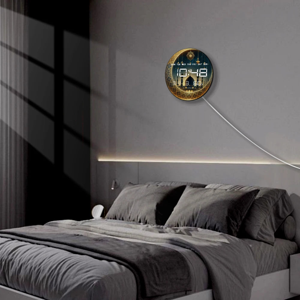 Gold Crescent Moon LED Digital Wall Clock with Timer Date Temperature Islamic Mosque Eid Mubarak Home Decor Electric Wall Clock