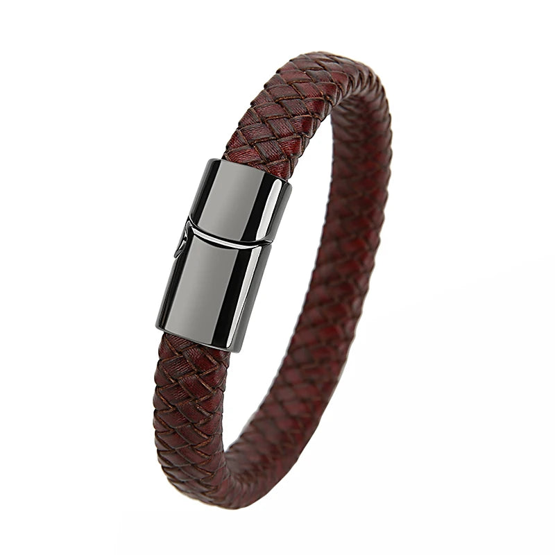 Mibrow Braided Black Leather Men Bracelet 10x5 12x6mm Size Fashion Metal Magnetic Clasp Wrap Bracelets Punk Charm Men Jewelry