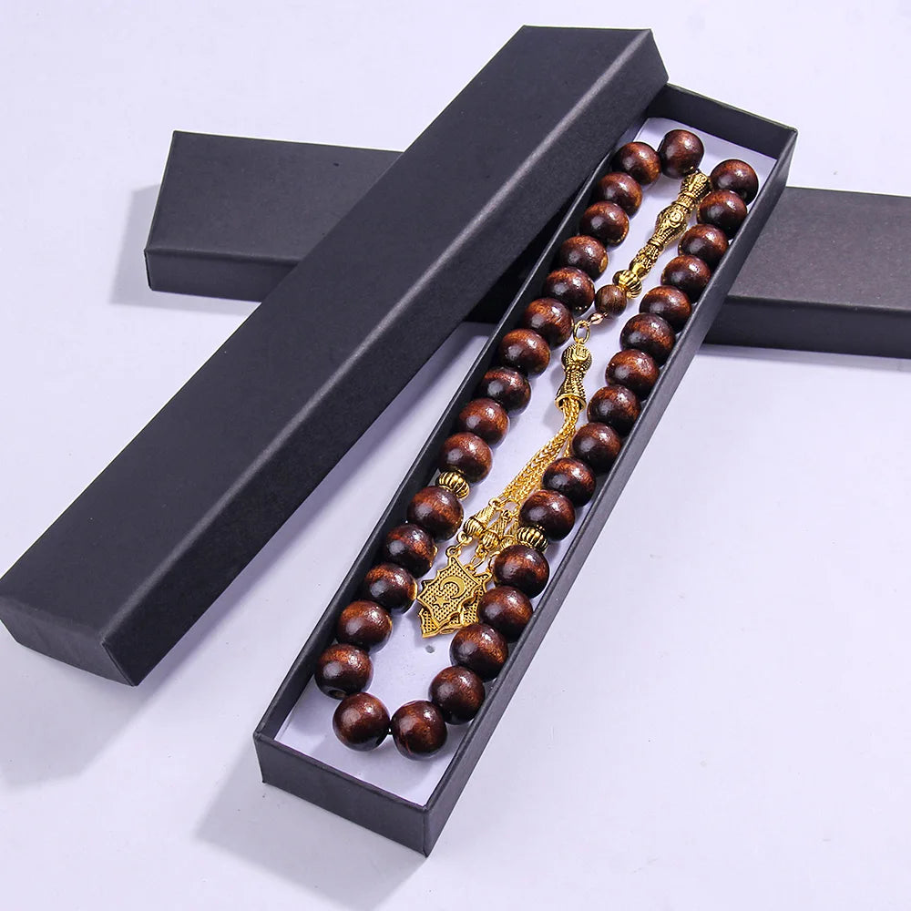 10×12mm Wooden Brown Muslim Rosary Bracelet Prayer Beads Star Moon Bracelet Ideal Gift for Ramadan Holy Anniversary Birthday