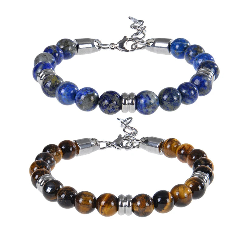 8mm Natural Stone Lapis Lazuli Beaded Bracelet Adjustable Stainless Steel Chain Bracelet for Men Women Handmade Jewelry Gifts