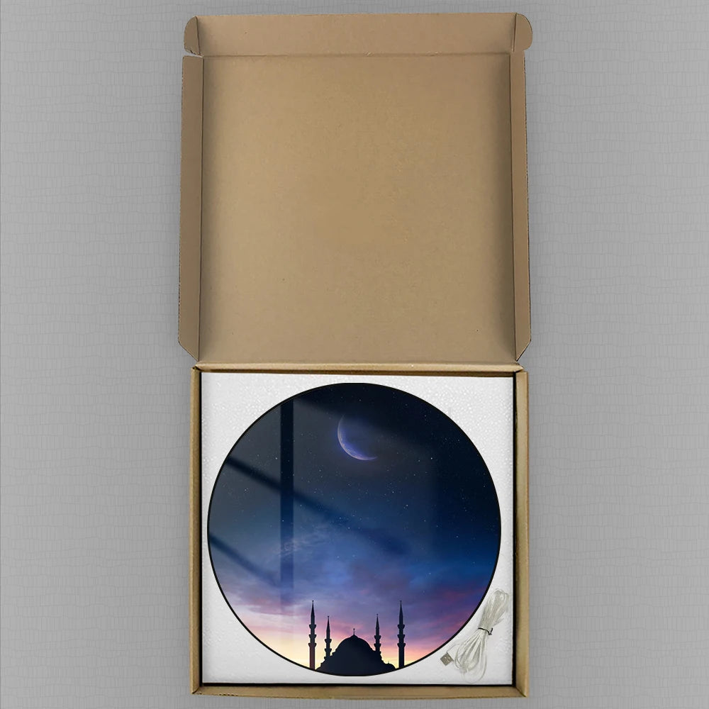 Islamic Eid Celebration Golden Crescent Moon LED Digital Wall Clock with Temperature Humidity Date Calendar Electric Wall Clock