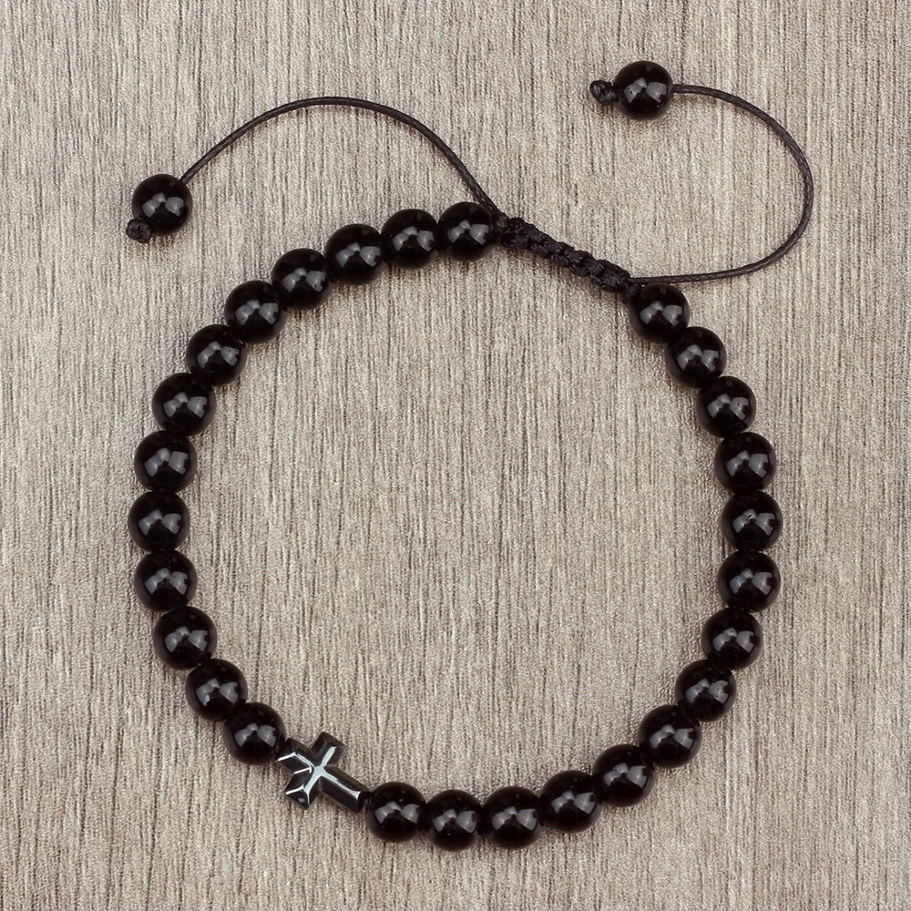 Prayer Men Handmade Woven Bracelet 6mm Natural Tiger Eye Stone Bangle with Hematite Cross Yoga Rosary Jewelry Homme Pulsera Gift