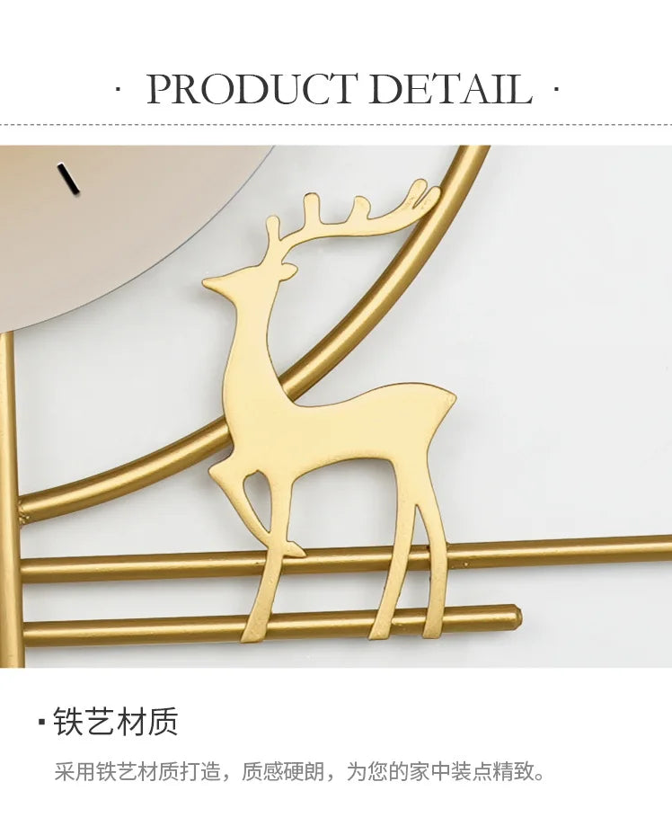 Modern minimalist TV background deer wall clock ,wooden grille decoration with lights hanging clock