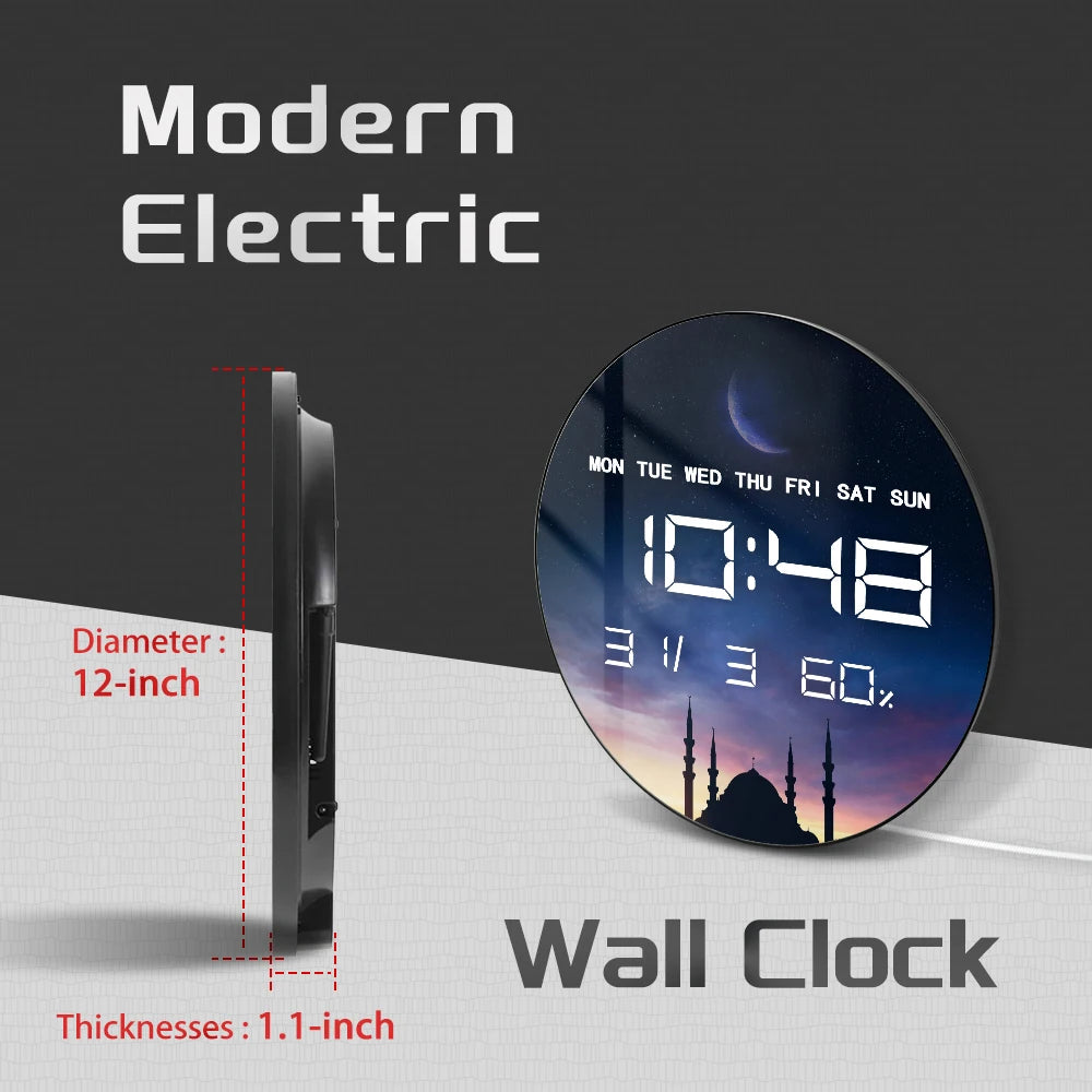 Islamic Eid Celebration Golden Crescent Moon LED Digital Wall Clock with Temperature Humidity Date Calendar Electric Wall Clock