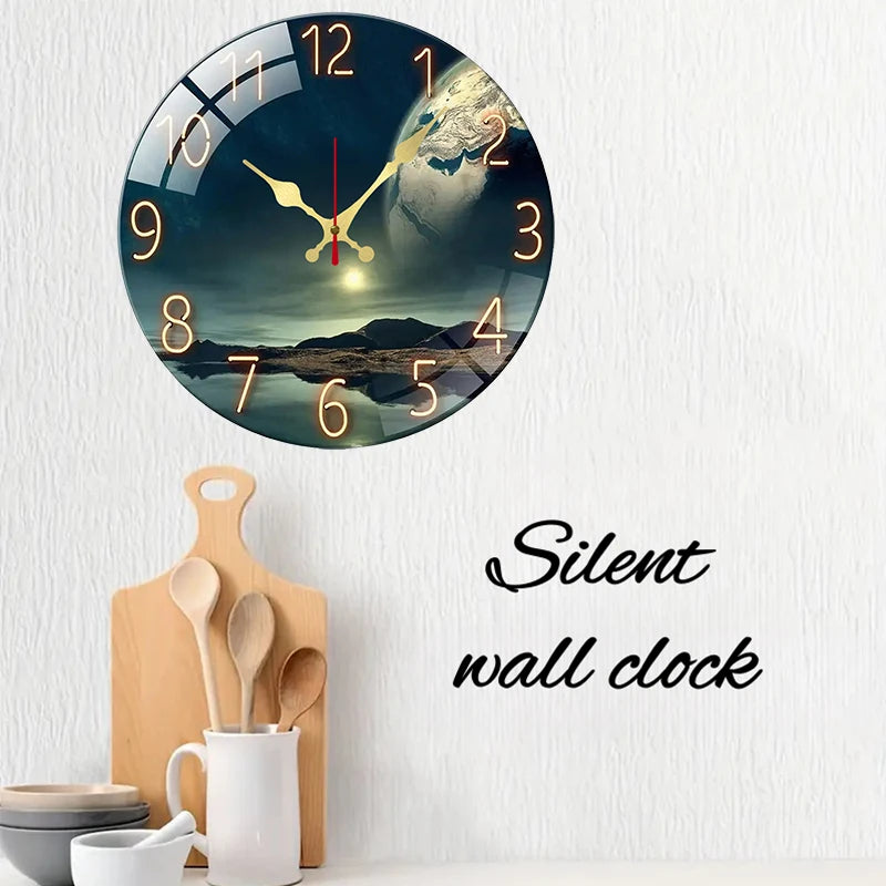 Earth Landscape Wooden Round Silent Hanging Wall Clock, Suitable For Living Room, Office, Study Room, Bedroom, Home Decoration