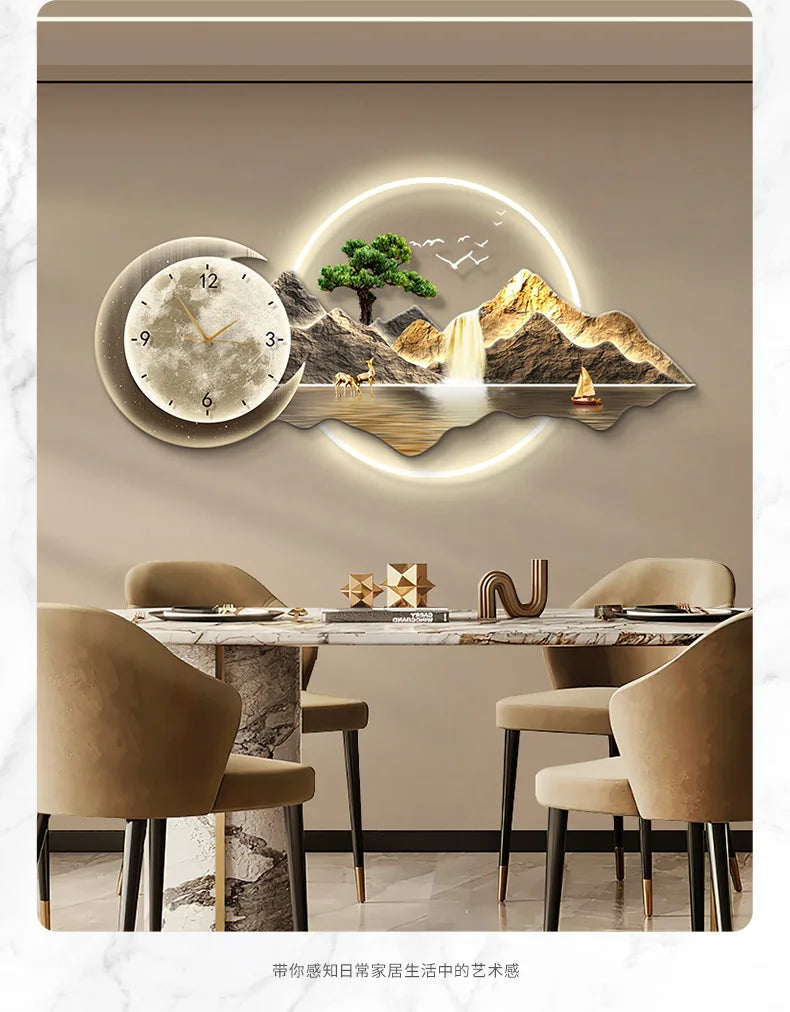 Restaurant Decoration Painting Clock Silent Luxury High Grade Luminous Landscape Mural