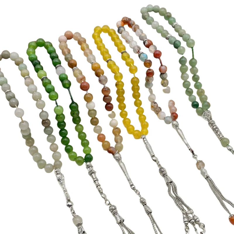 6pcs Natural Stone Beads Islamic Tasbih 8mm 33 Beads Misbaha Sebha Rosary Bracelet Muslim Men Women Meditation Prayer Jewelry