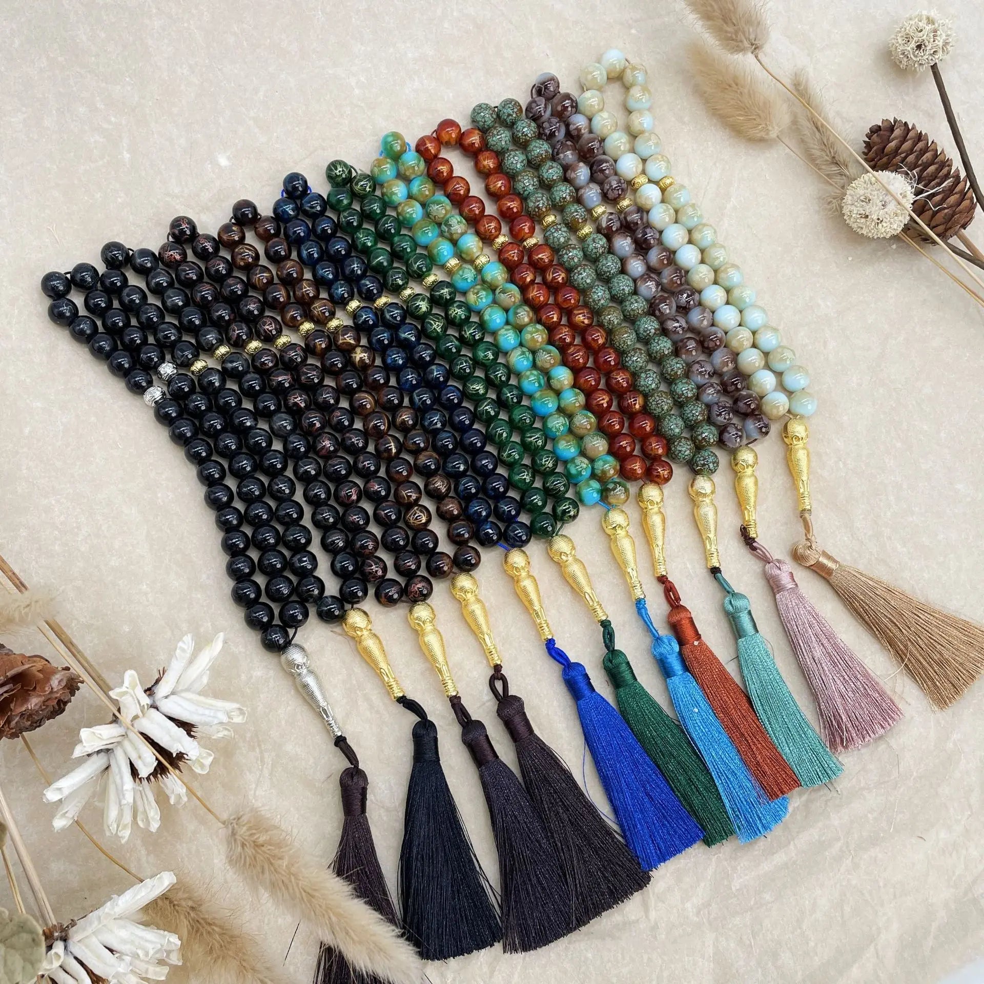 33 Beads 10mm Textured Glass Tasbih, Multicolor Arabic Prayer Beads for Muslim Worship, Handmade Ramadan Gift for Friends