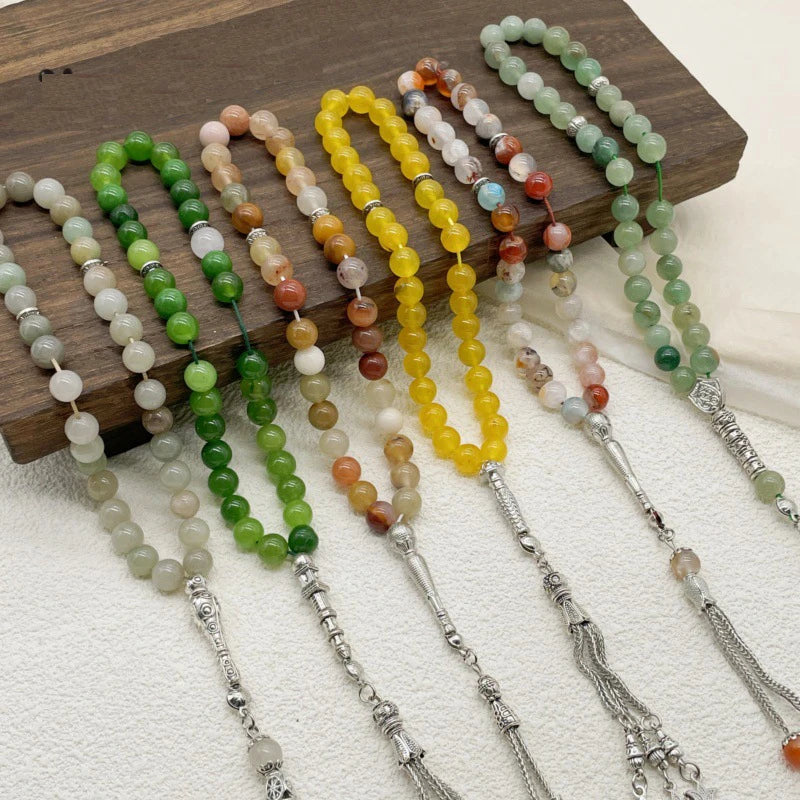 6pcs Natural Stone Beads Islamic Tasbih 8mm 33 Beads Misbaha Sebha Rosary Bracelet Muslim Men Women Meditation Prayer Jewelry