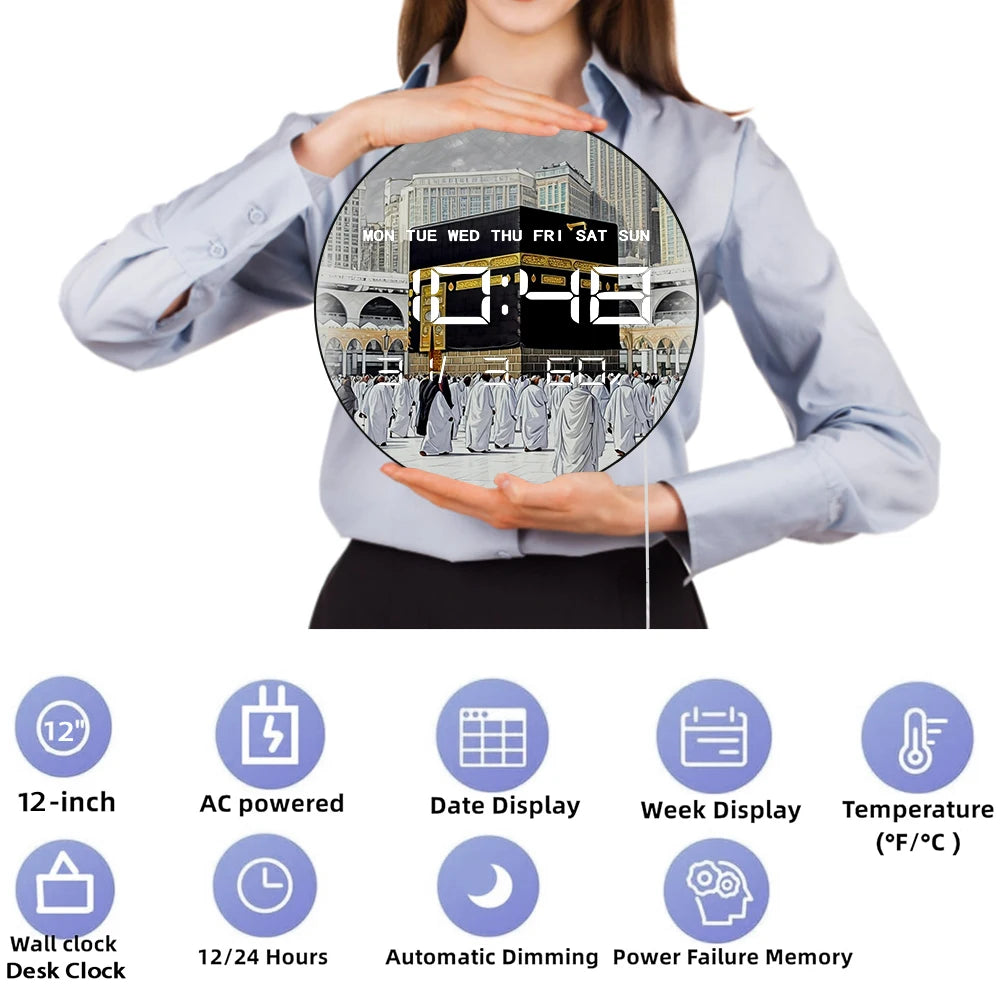 Makkah Holy Kaaba Mecca LED Electronic Wall Clock Large Display Makkah Sacred Digital Wall Clock Islamic Holy Mosque Home Decor
