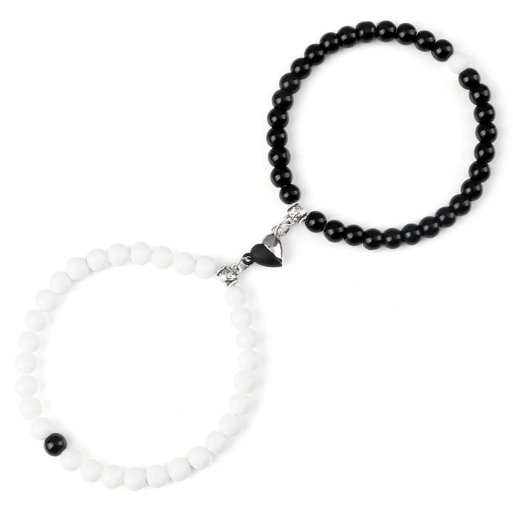 2Pcs/Set Sliver Black Color Magnet Pendant Bracelets 6MM 8MM White Porcelain Black Line Beads Couple Bracelet Jewelry Gift New