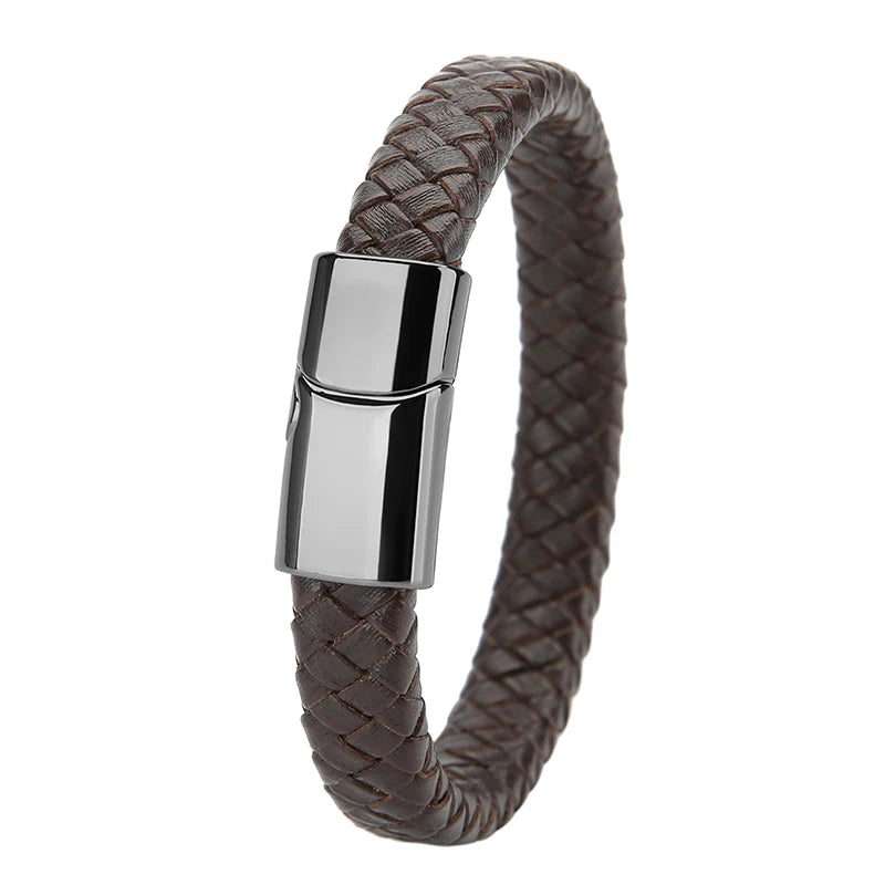 Mibrow Braided Black Leather Men Bracelet 10x5 12x6mm Size Fashion Metal Magnetic Clasp Wrap Bracelets Punk Charm Men Jewelry