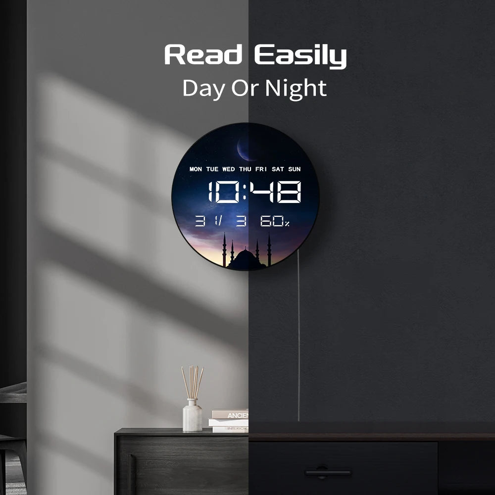 Islamic Eid Celebration Golden Crescent Moon LED Digital Wall Clock with Temperature Humidity Date Calendar Electric Wall Clock