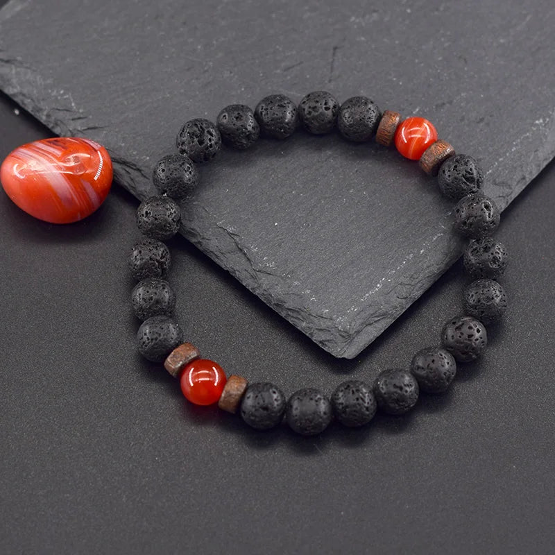 Natural Stone Red Stripe Agate Beads Bracelet Women Men Genuine Red Carnelian Round Bangle Natural Volcanic Stone Bracelet Gift
