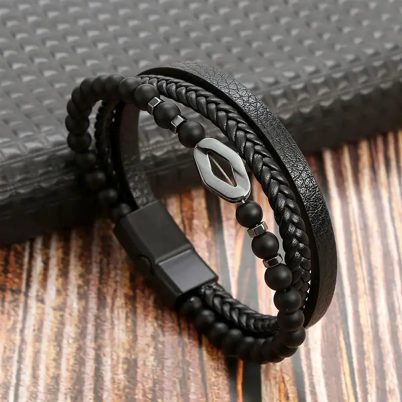 Jiayiqi Leather Bracelet Men Punk Hip Hop Metal Charm Tiger Eye Stone Beads Multi-Layer Bracelet For Men Fashion Jewelry Gift