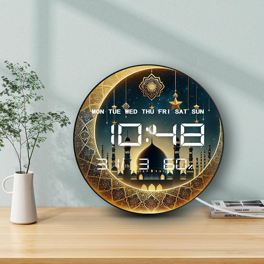Gold Crescent Moon LED Digital Wall Clock with Timer Date Temperature Islamic Mosque Eid Mubarak Home Decor Electric Wall Clock