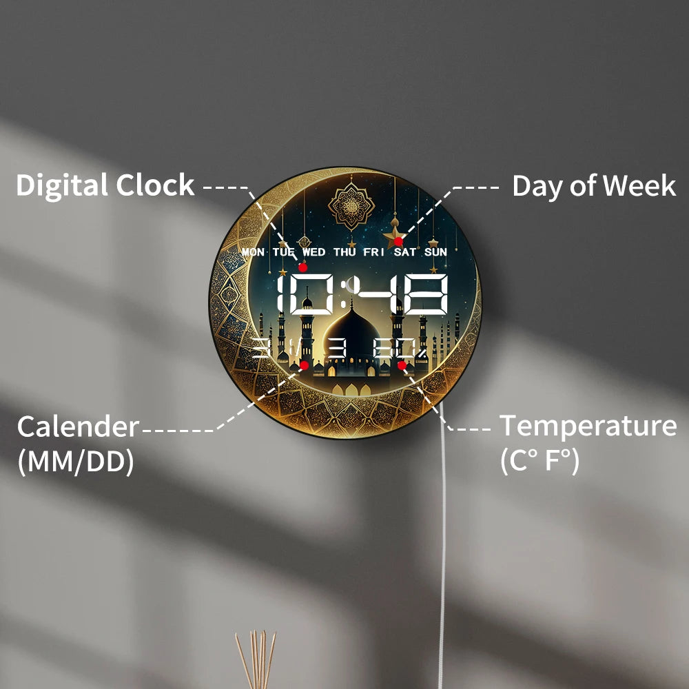 Gold Crescent Moon LED Digital Wall Clock with Timer Date Temperature Islamic Mosque Eid Mubarak Home Decor Electric Wall Clock
