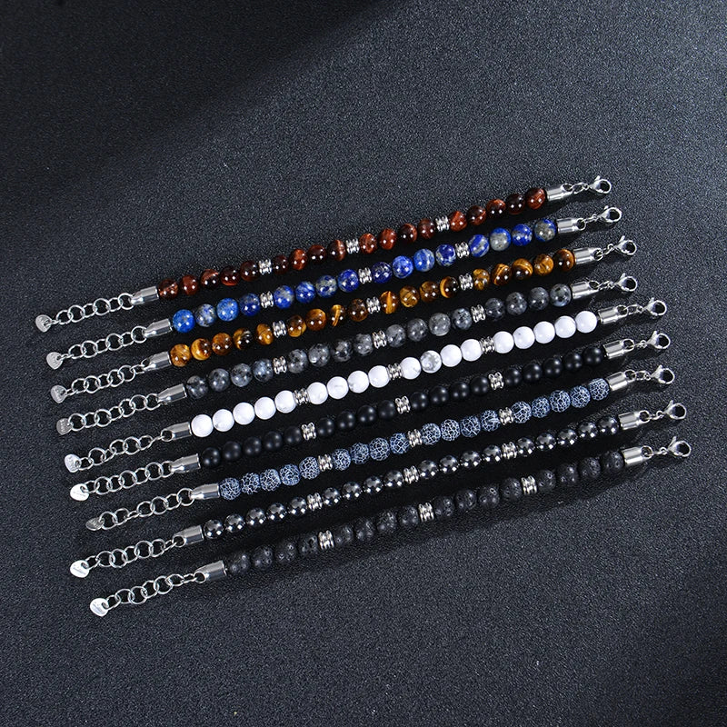 8mm Natural Stone Lapis Lazuli Beaded Bracelet Adjustable Stainless Steel Chain Bracelet for Men Women Handmade Jewelry Gifts