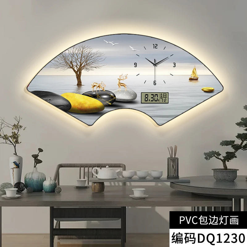 Fan-shaped Perpetual Calendar Electronic Clock Simple Wall Clock Living Room Dining Room Decoration Lamp Picture Clock