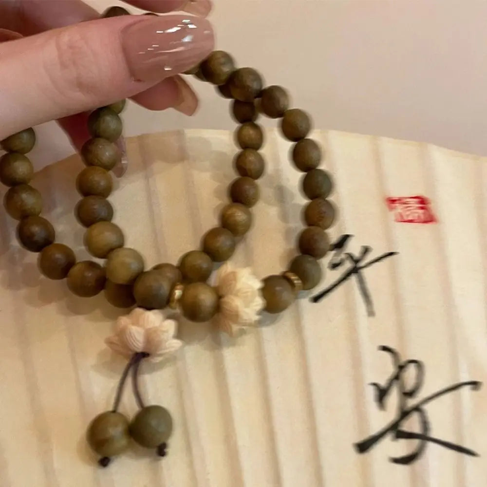 Elastic Flower Sandalwood Bangle Handwoven Rosary Wood Beaded Strand Bracelets Jewelry Hand Chain