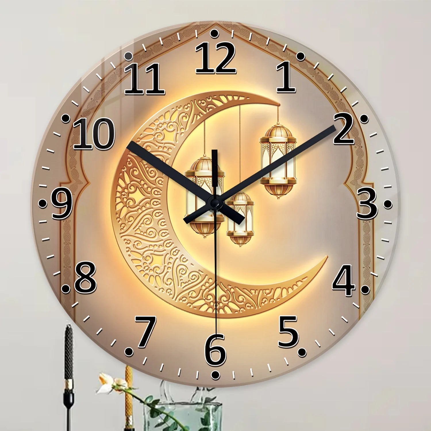 A Modern Accessible Luxury Golden Moon Lantern 4mm Thickeneded Tempered Glass Wall Clock Living Room Bedroom Kitchen Home Decoration Wall Clock Silent Quartz Clock Kaishi Gift 12 Inches 14 Inches 16inch (No Battery)