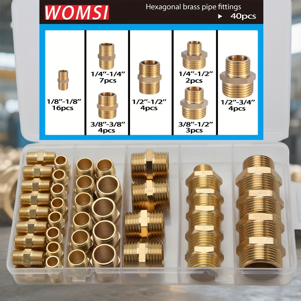 40pcs/66pcs of Brass Hex Nut Fittings 1/8" 1/4" 3/8" 1/2" 3/4" BSP Male Threaded Quick Connectors Suitable for Garden Water, Oil, RV, And Kitchen Pipe Connections.